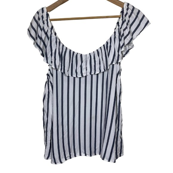 Old Navy Tops - OLD NAVY | Blue and White Striped Ruffle Off Shoulder Top | Size L